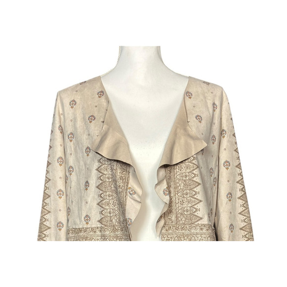 Vocal Jacket Size Small Tan  Flared Sleeve Open Front Ruffle Suede Lace Up Back - Picture 5 of 7